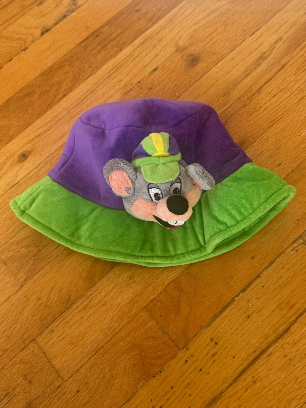 RARE Vintage 2007 Chuck E Cheese Purple Green Bucket Hat 3D Plush Mascot Y2K